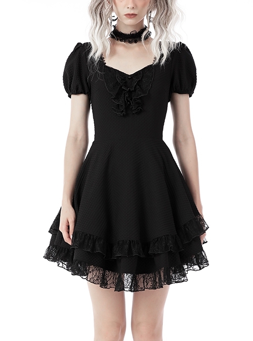 Three-Dimensional Embossed Woven-Paneled Black  Lace Gothic Mini Dress