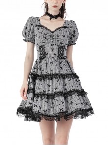 Gray Sexy Striped Butterfly Print Lace Ruffle Gothic Dress