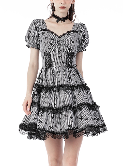 Gray Sexy Striped Butterfly Print Lace Ruffle Gothic Dress