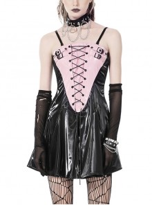 Sexy Shiny Black Pink Faux Leather Biker Rebel Punk Slip Dress