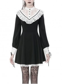 Black Lolita Chest White Inverted Triangle Button Lace Cuff Lace-Up Gothic Dress