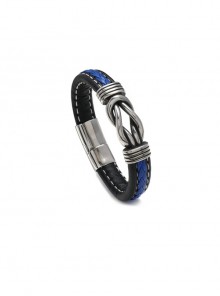 Simple Black Blue Stainless Steel Magnetic Buckle Men's Leather Bracelet