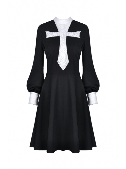 Black Chest White Skull Lace Cross Long Sleeves Button Cuff Vintage Gothic Dress