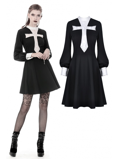 Black Chest White Skull Lace Cross Long Sleeves Button Cuff Vintage Gothic Dress