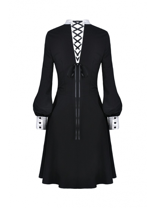 Black Chest White Skull Lace Cross Long Sleeves Button Cuff Vintage Gothic Dress