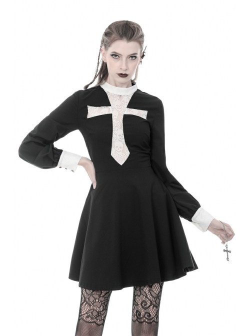 Black Chest White Skull Lace Cross Long Sleeves Button Cuff Vintage Gothic Dress