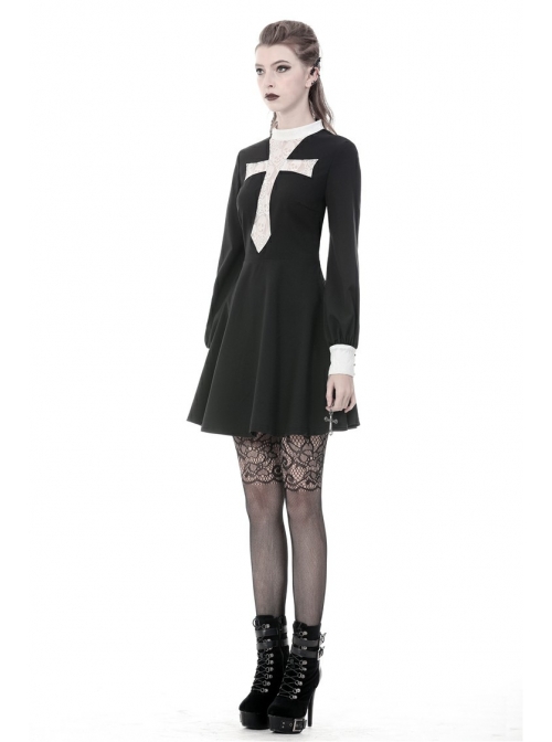Black Chest White Skull Lace Cross Long Sleeves Button Cuff Vintage Gothic Dress