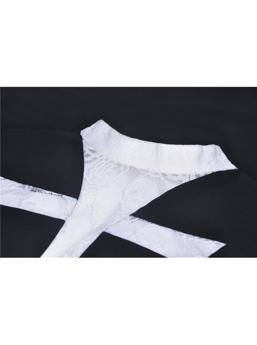 Black Chest White Skull Lace Cross Long Sleeves Button Cuff Vintage Gothic Dress