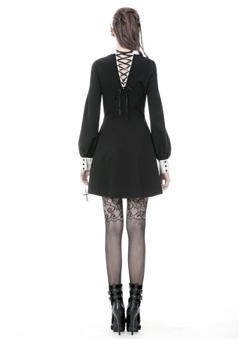 Black Chest White Skull Lace Cross Long Sleeves Button Cuff Vintage Gothic Dress
