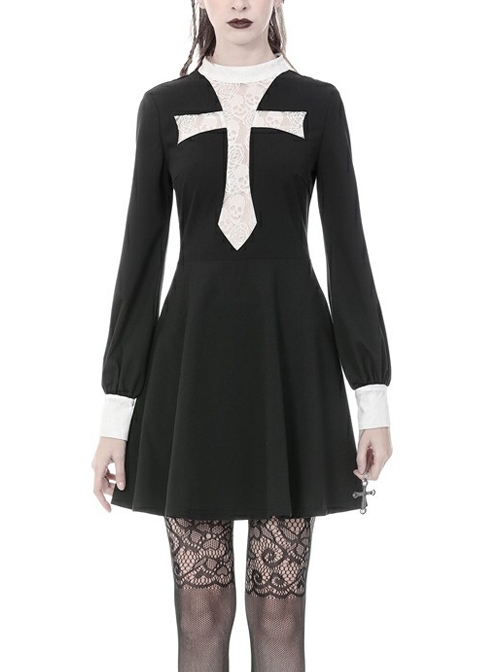 Black Chest White Skull Lace Cross Long Sleeves Button Cuff Vintage Gothic Dress