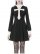 Black Chest White Skull Lace Cross Long Sleeves Button Cuff Vintage Gothic Dress