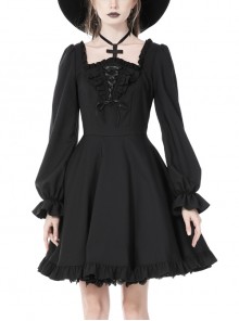 Black Backless Statement Fit Death Cross Frill Gothic Long Sleeve Dress
