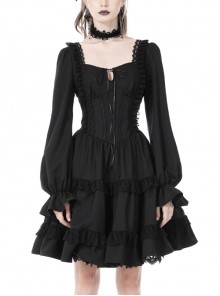 Sexy Woven Black Rose Lace Slim Frill Gothic Long Sleeve Dress