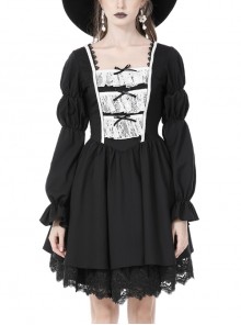 Sexy Black And White Ruffle Slim Black Gothic Long Sleeve Dress