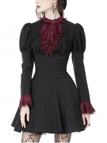 Slim Fit Ruched Rope Black Preppy Gothic Long Sleeve Dress
