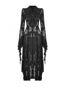 Romantic Hollow Lapel Black Sexy Ruffled Lace Gothic Long Sleeve Dress