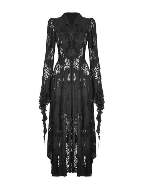 Romantic Hollow Lapel Black Sexy Ruffled Lace Gothic Long Sleeve Dress