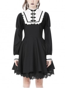 Retro Black And White Color Contrast Stitching Print Gothic Long-Sleeved Dress