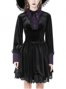 Statement Witch Academy Black Purple Shirt Collar Velvet Gothic Dress
