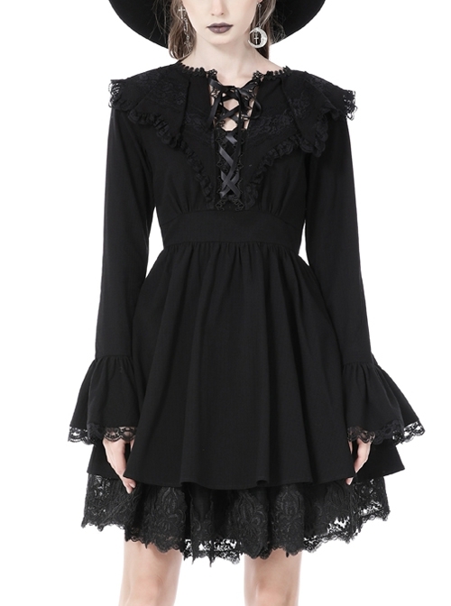 Statement Pleated Lace Batman Neck String Black Gothic Slim Dress