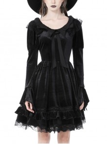Stylish Lace Hem Devil Bat Neck Black Velvet Gothic Long Sleeve Dress