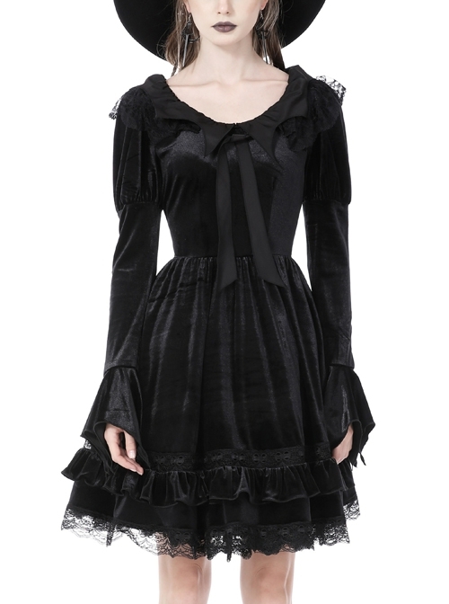 Stylish Lace Hem Devil Bat Neck Black Velvet Gothic Long Sleeve Dress