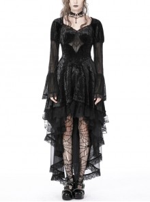 Super Stretch Black Velvet Spider Web Print Gothic Long Sleeve Dress