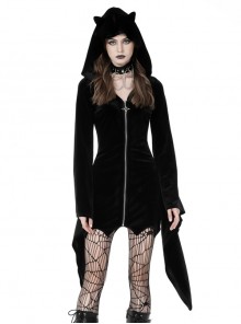 Black Stretch Velvet Hooded Cat Ears Sexy Gothic Zipper Dress