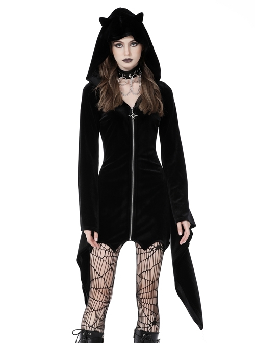 Black Stretch Velvet Hooded Cat Ears Sexy Gothic Zipper Dress