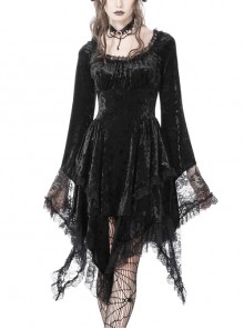Black Stretch Velvet Muscle Slim Lace Gothic Bell Sleeve Dress