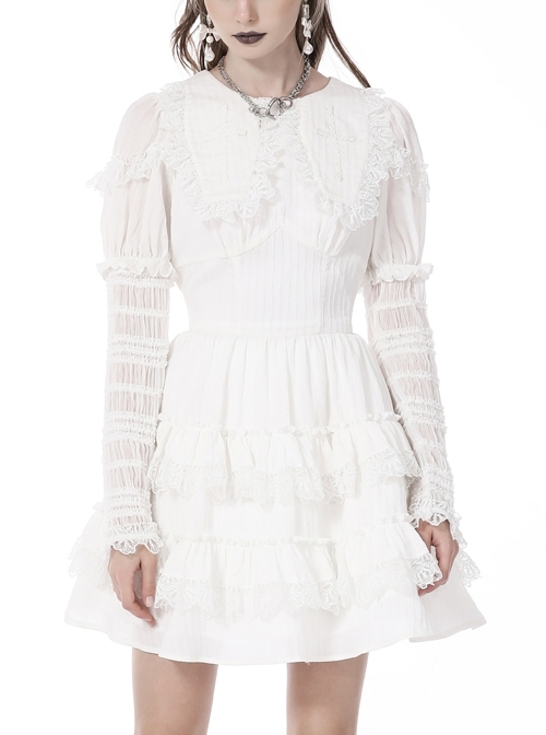 Slim White Angel Layered Ruffled Web Bow Gothic Long Sleeve Dress