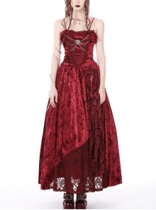 Red Velvet Slim Print Blood Rose Metal Chain Gothic Slip Dress