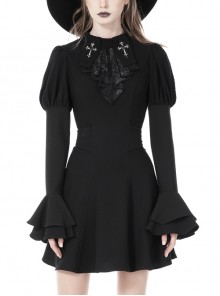 Slim Fit Muscular Black Cross Ruffle Stand Collar Gothic Long Sleeve Dress