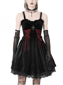 Metal Cross Black Velvet Rope Trim Gothic Bloody Slip Dress