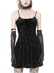 Sexy Backless Rope Front Black Skull Print Gothic Slip Dress