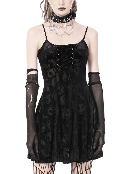 Sexy Backless Rope Front Black Skull Print Gothic Slip Dress