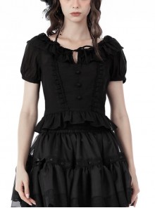 Black Lolita Girl Ruffle Lace Simple Hem Gothic Puff Sleeve Shirt