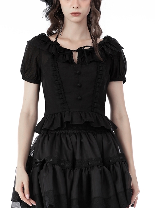 Black Lolita Girl Ruffle Lace Simple Hem Gothic Puff Sleeve Shirt