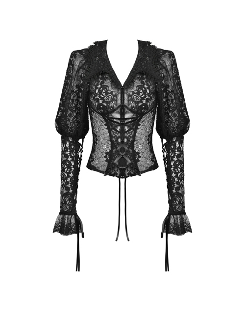 Black Sexy Non-Stretch Micro-Sheer Lace Gothic Slim Fit T-Shirt