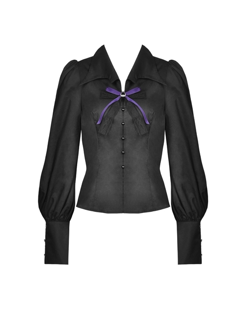 Sexy Black Non-Stretch Batwing Neck Gem Corsage Gothic Slim Shirt
