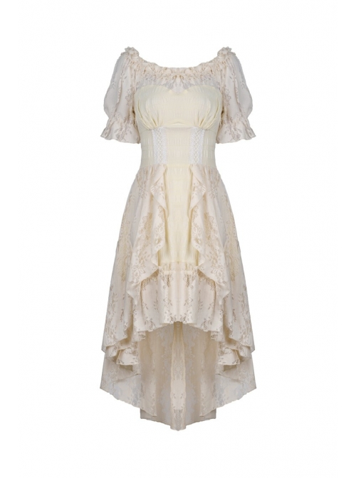 Beige Off-Shoulder Lace Short Sleeves High Waisted Long Back Hem Punk Dress