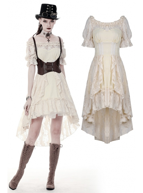 Beige Off-Shoulder Lace Short Sleeves High Waisted Long Back Hem Punk Dress