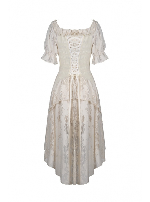 Beige Off-Shoulder Lace Short Sleeves High Waisted Long Back Hem Punk Dress
