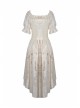 Beige Off-Shoulder Lace Short Sleeves High Waisted Long Back Hem Punk Dress