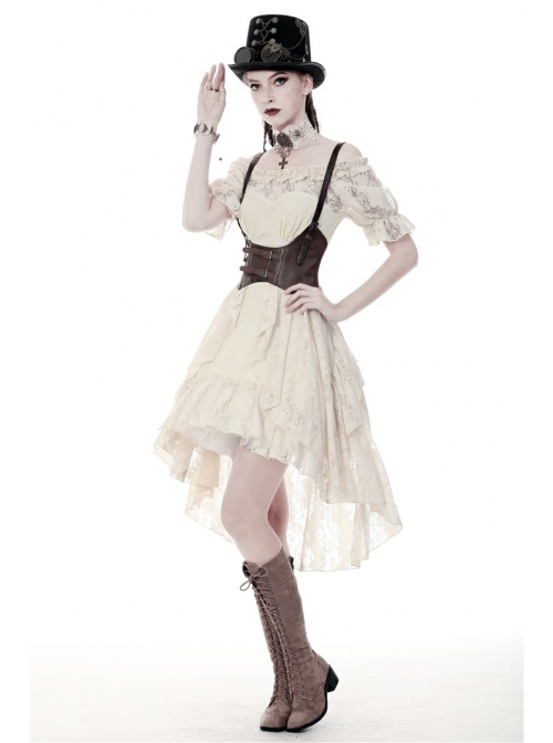 Beige Off-Shoulder Lace Short Sleeves High Waisted Long Back Hem Punk Dress