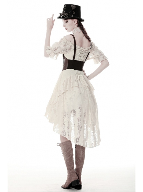 Beige Off-Shoulder Lace Short Sleeves High Waisted Long Back Hem Punk Dress