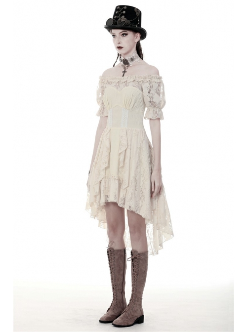 Beige Off-Shoulder Lace Short Sleeves High Waisted Long Back Hem Punk Dress