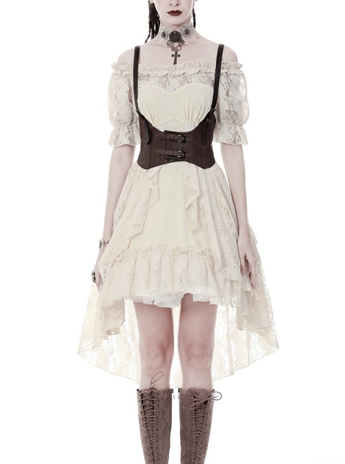 Beige Off-Shoulder Lace Short Sleeves High Waisted Long Back Hem Punk Dress