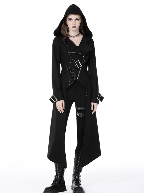 Black Asymmetric Rope Zip Metal Buckle Punk Long Hooded Jacket