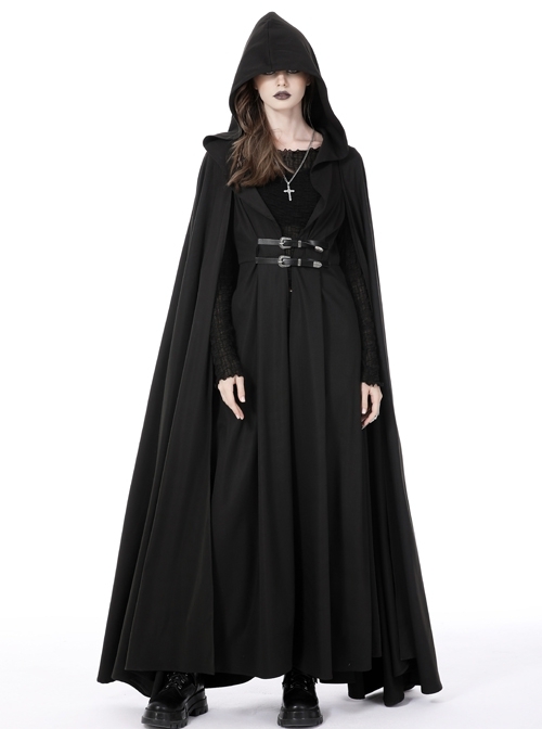 Handsome Black Warrior Belt Embellished Punk Wind Hooded Long Coat
